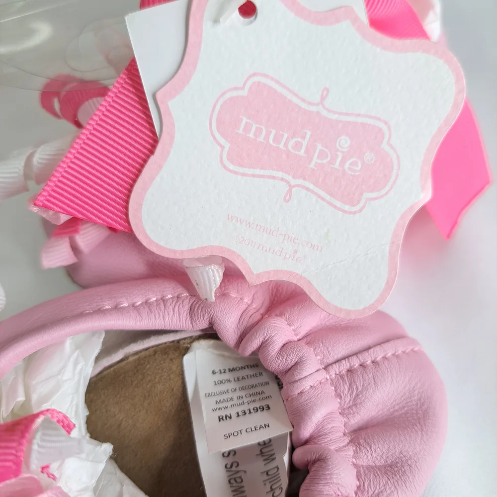 'MUD PIE' LEATHER SLIP-ON SHOES BABY GIFT SET CURLY GROSGRAIN ACC. ROUND TOE